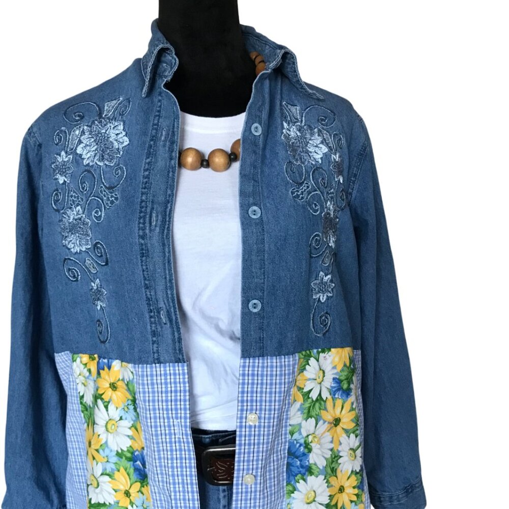 Patchwork Denim Duster, Upcycled Boho Layering Jacket Spring Daisies Size Large - Picture 12 of 14